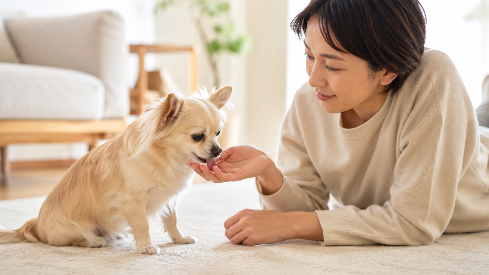 飼い主の手をやさしくなめる犬をそっと見守る様子
